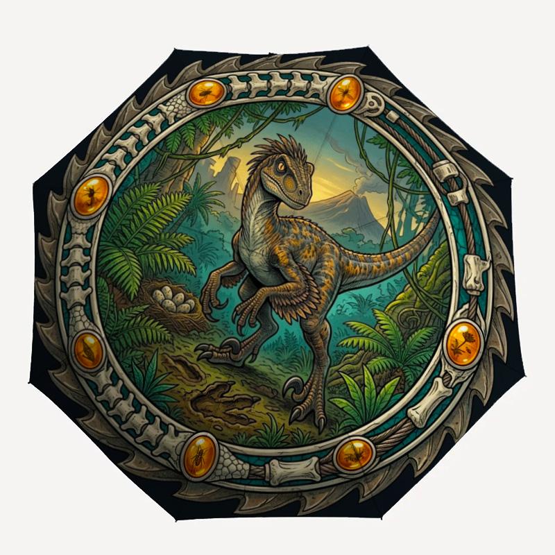 Prehistoric Dinosaur Emblem pattern umbrella, portable and foldable design, 8 ribs, a casual accessory for Halloween, Christmas, and birthday gifts.