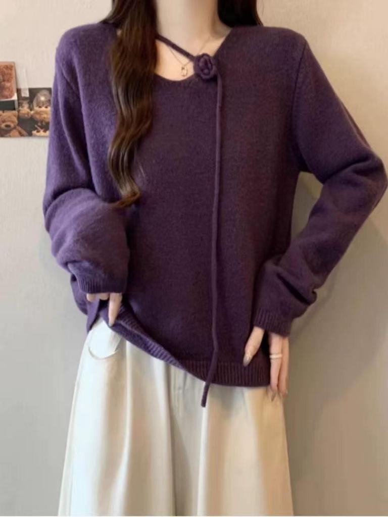 Korean V-Neck 3D Flower Long Sleeve Knit Sweater for Women - 2025 Autumn/Winter High-End Chic Style