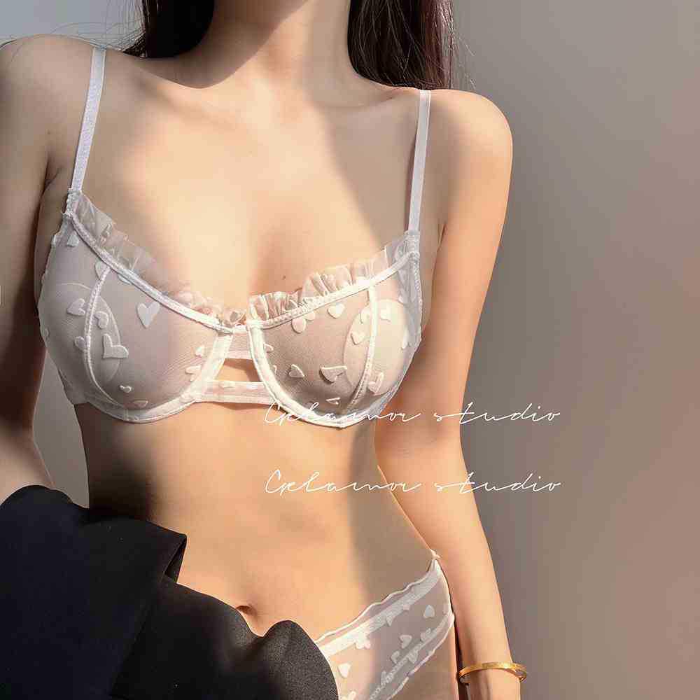 French Pink Lace Heart Bra Set: Sexy, Thin, Bust-Enhancing Design for Young Women