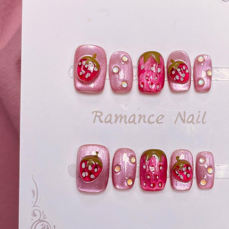 3D Strawberry Cat Eye Short Nails [Strawberry Smoothie] - Handmade Wearable Nail Pieces for Manicure