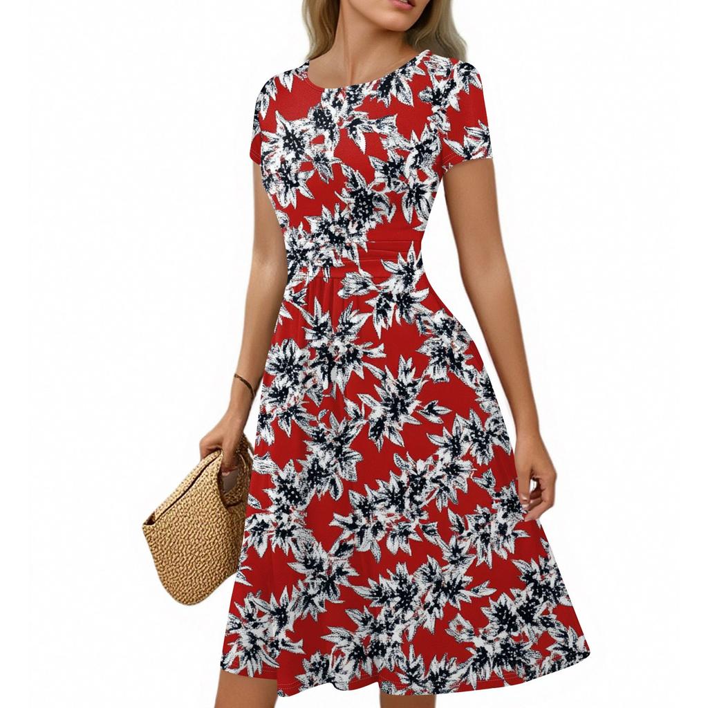 Women's Casual Fashion Round Neck Pleated Short Sleeve Retro Floral A-Line Midi Dress
