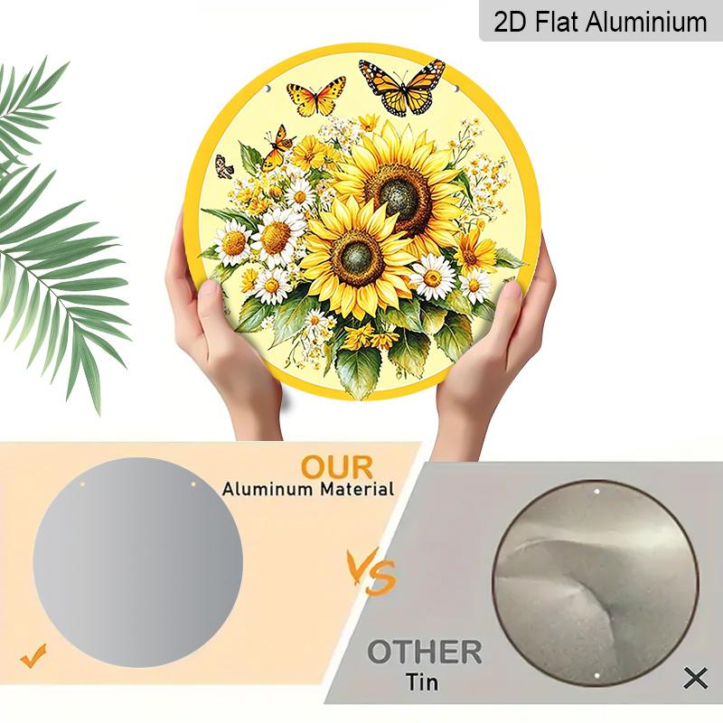 2D Flat, 1pc Round Aluminum Hanging Sign, Bright Sunflower & Monarch Butterfly Metal Wall Art, Floral Daisy Bouquet Design, Perfect for Garden