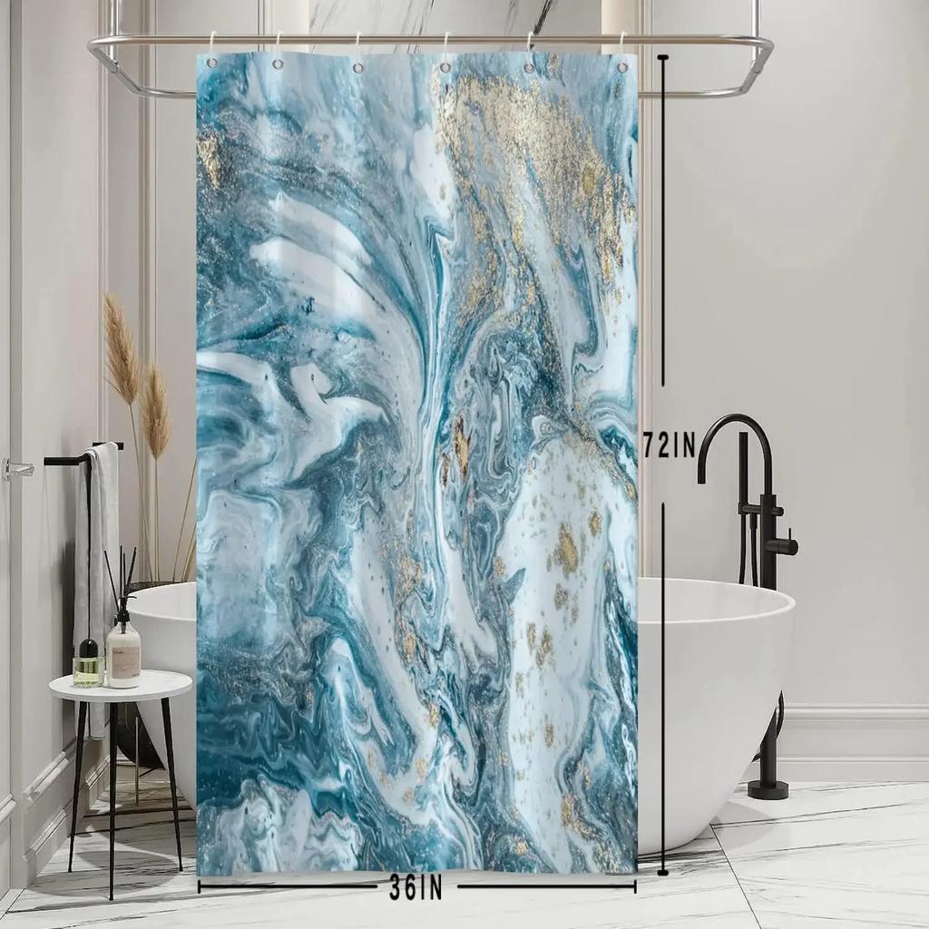 Blue Shower Curtain, Marble Shower Curtain for Bathroom Stall RV Watercolor Abstract Waterproof Fabric Shower Curtain Set