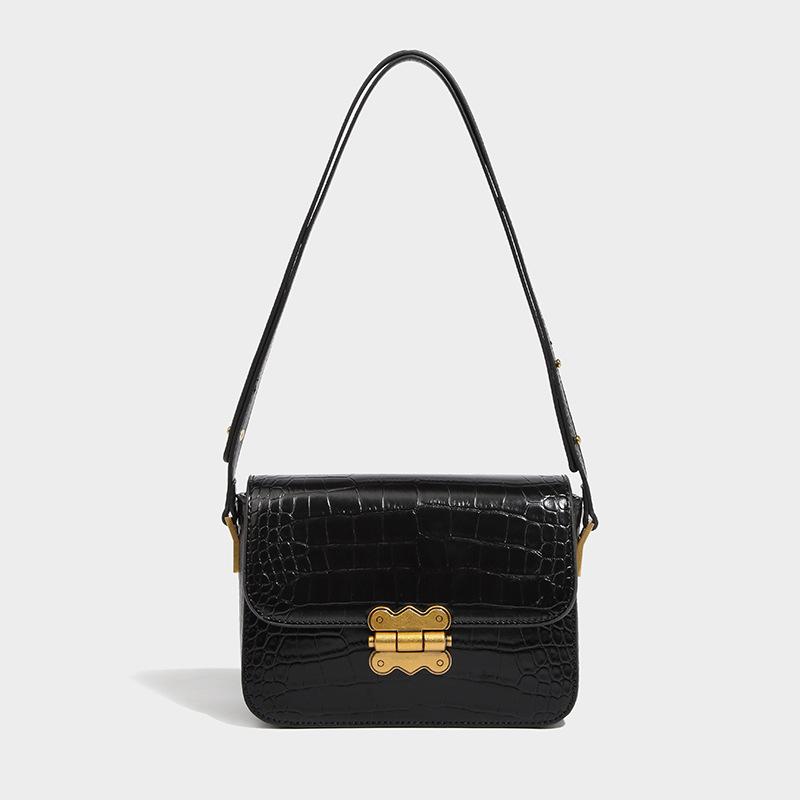 

Простые сумки на ремне, женские кожаные сумки с каменным узором под подмышками, модные квадратные сумки с замком в форме пчелы (20cm<Max Length<30cm) чёрный