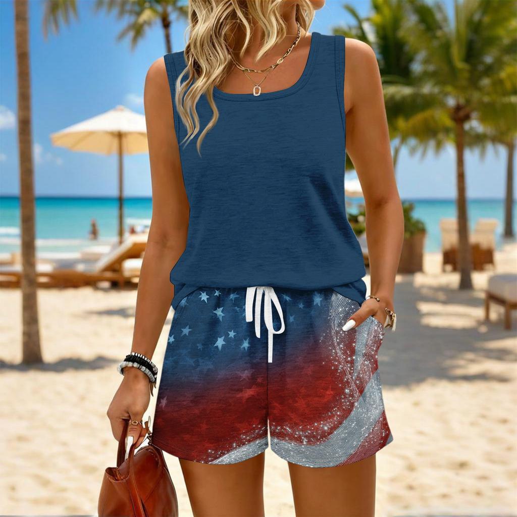 Women’s Summer Casual Two Piece Set Sleeveless Square Neck Tank Top and Drawstring Shorts with Star Print and Pockets for Outdoor Sports Lounge