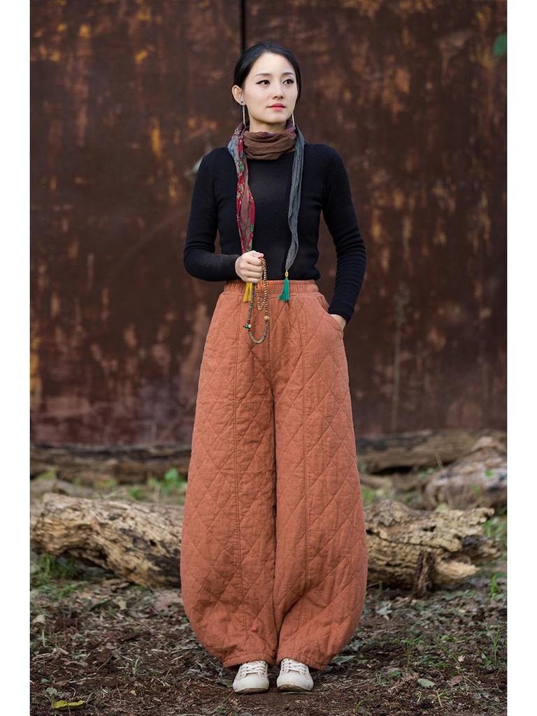 2025 Winter Women's Retro Quilted Diamond Pattern Lantern Pants - Thick Warm Cotton Linen