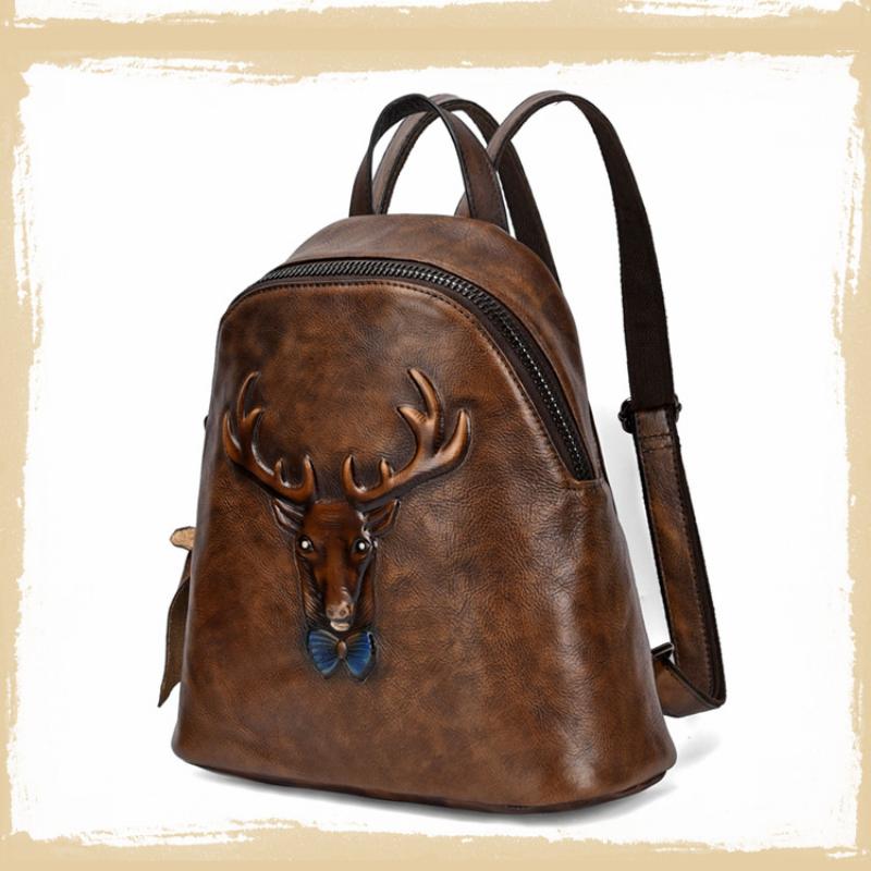 Johnature Genuine Leather Backpack Women Bag Vintage Animal Prints Embossing Leisure Large Capacity Outdoor Travel Bags