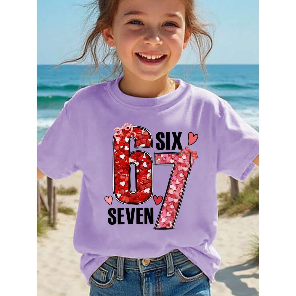 Summer Children's Round Neck Pure Cotton Short-sleeved Casual T-shirt with "67" Number Heart Cartoon Print, Pink Top for Girls.