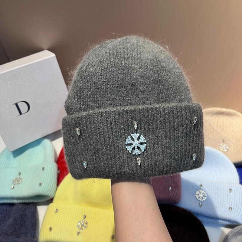 Winter Warm Knit Hat Rabbit Fur Faux Snowflake Rhinestone Earflap Beanie Fashionable Soft
