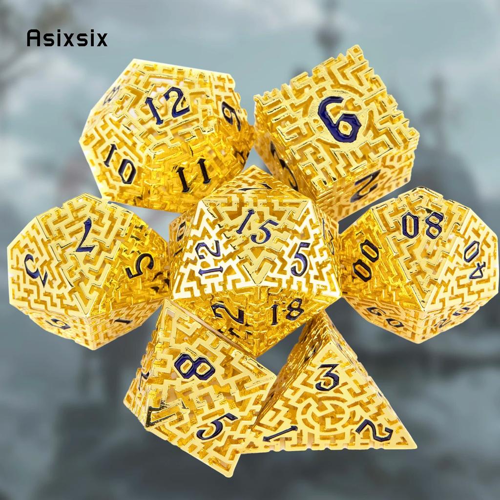 7 Pcs Golden Black Metal Dice Maze Hollow Metal Polyhedral Dice Set Suitable for Role-Playing RPG Board Game Card Game