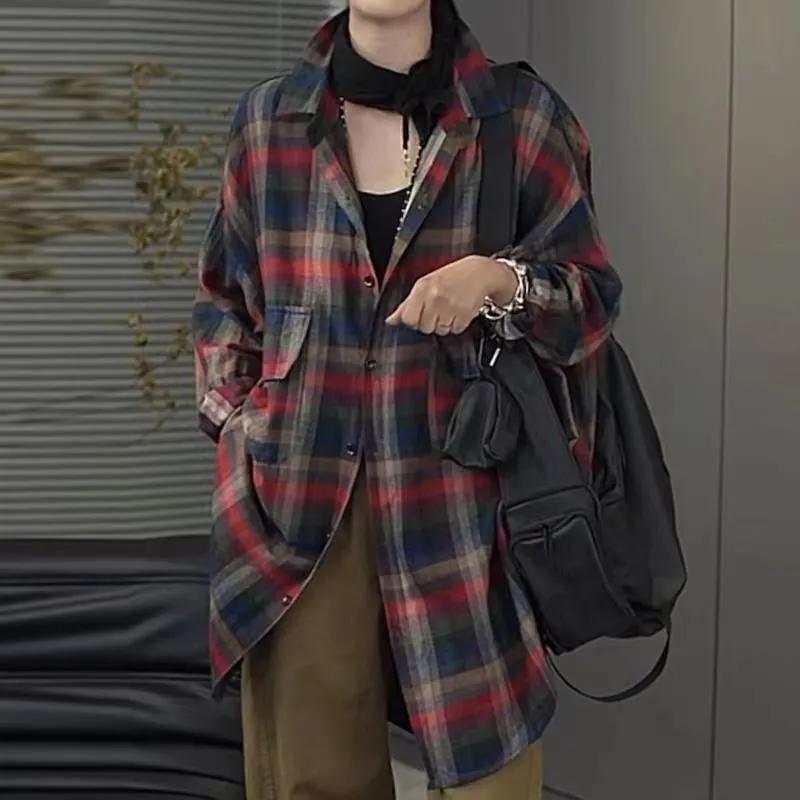 

Womens Oversized Plaid Long Sleeve Button Down Shirt M красный