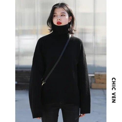 Korean Women's Sweater Loose Turtleneck Sweaters Warm Solid Pullover Top Oversized Knitwear Basic Female Tops Winter 2023 Knitted Jumper Female Pull