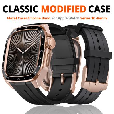 Metalowa obudowa+silikonowy pasek do Apple Watch Paski 46mm 45mm 44mm Wstrząsoodporna osłona ochronna Iwatch Series 10 9 8 7 6 5 SE