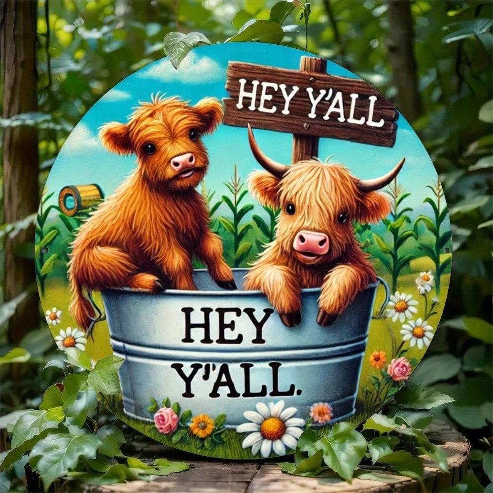 Metal Wall Art Highland Cow Sunflower Sign Rustic Round Decor Home Farmhouse Garden