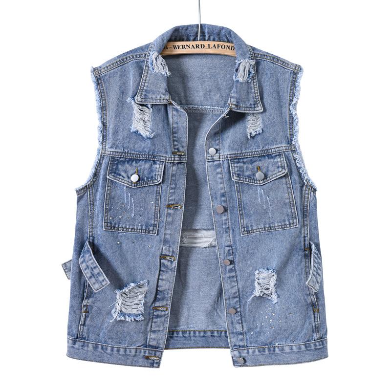 Spring and Autumn Women's Plus Size Denim Vest Mid-length Loose Light Color Casual Waistband Hole Sleeveless Denim Jacket Coat