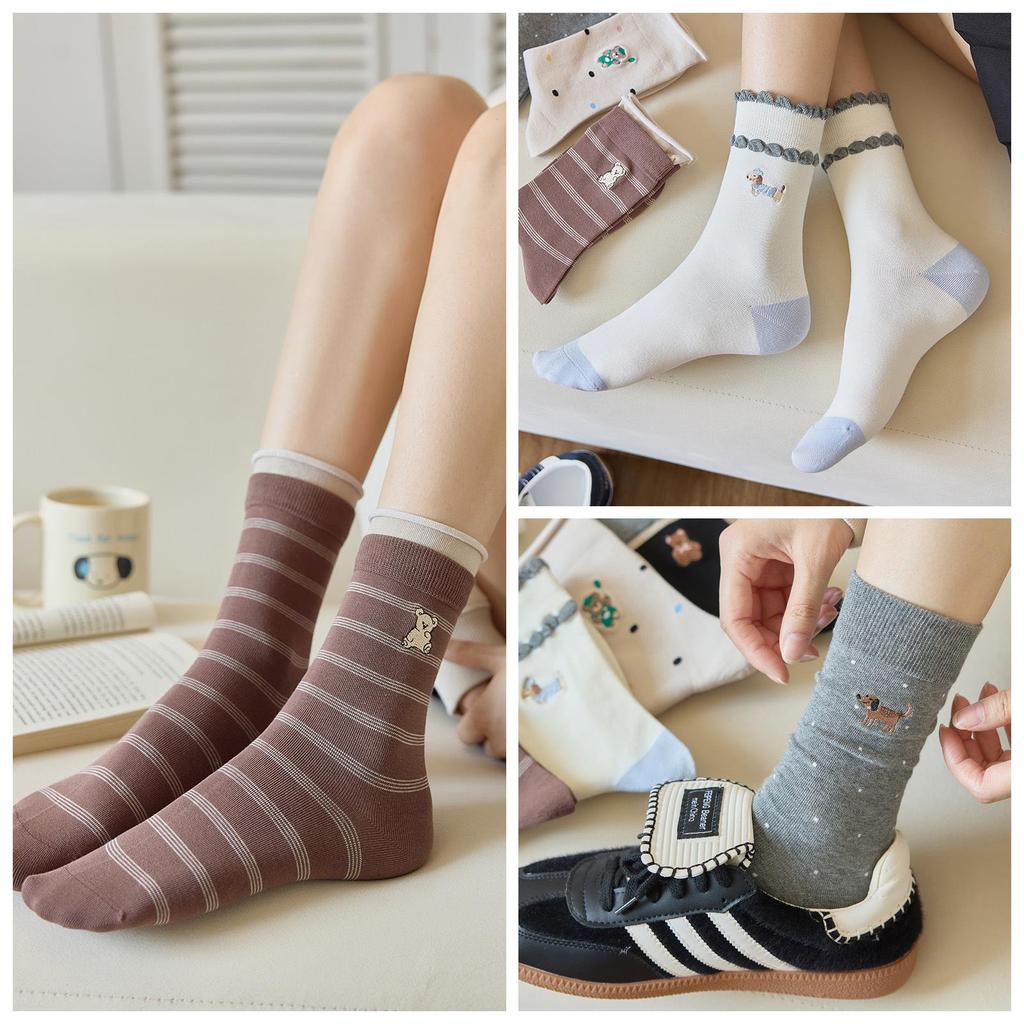 Mid-Calf Cotton Socks with Lace Ruffle, Embroidery & Cartoon Animal Design - Korean Academy Style, Autumn/Winter Collection