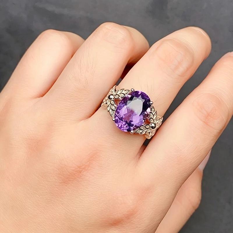 Gentle Big Oval Purple Cubic Zirconia Ring for Women Flower Textured Charming Wedding Party Trendy Accessories Jewelry