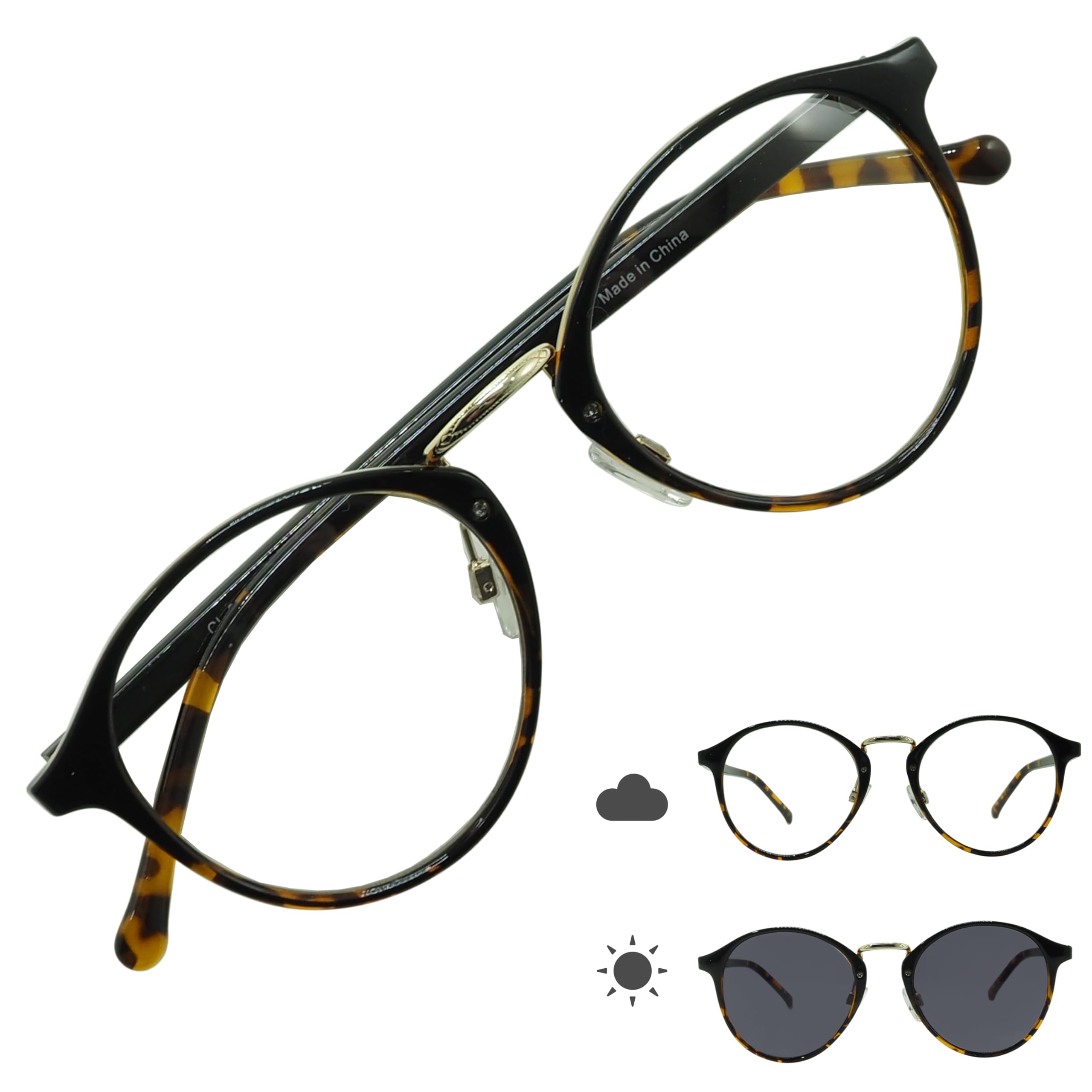 

2304CH Photochromic Round Boston Stylish UV Darkening Combination Cell Round Glasses [OTC.web] Sunglasses, Protection, Color, (B-BR Demi/GY