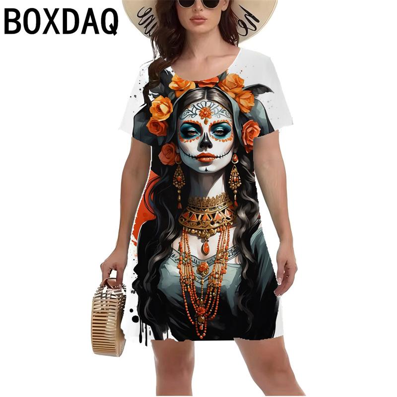3D Vintage Osobnost Růže Lebka Tištěné Šaty Dámské Krátký Rukáv O-Výstřih Ležérní Šaty Dámské Halloweenská Párty Mini Šaty