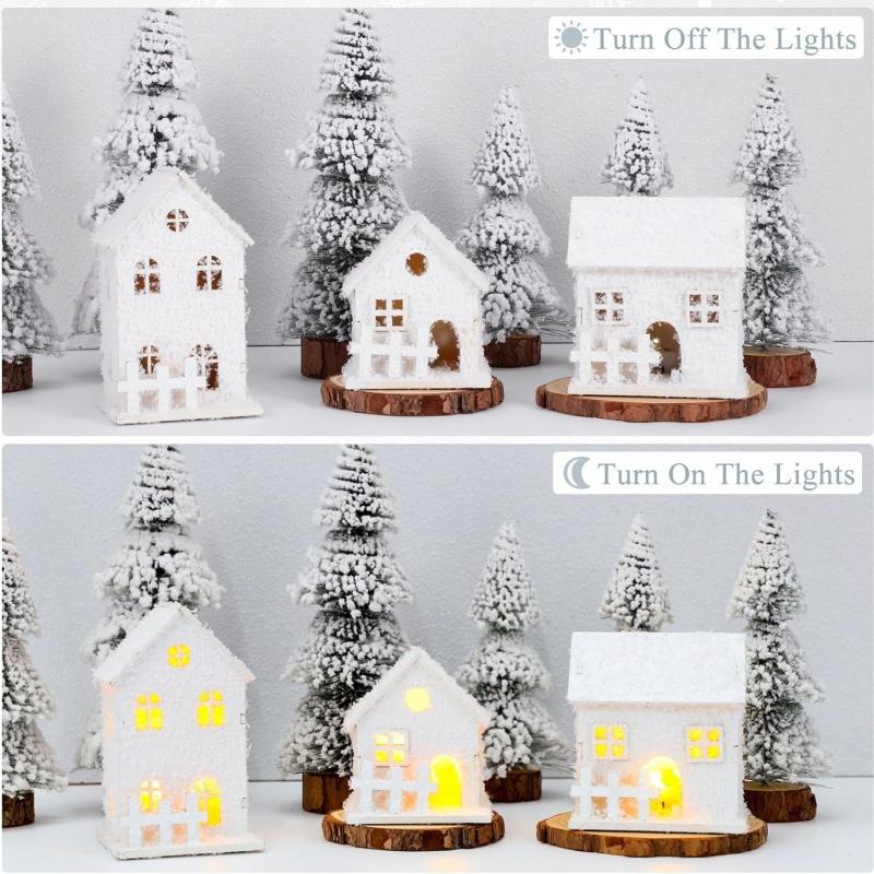 Case de sat de Crăciun iluminate cu LED Case de zăpadă de Crăciun Figurine de clădiri din lemn pentru satul de iarnă Decor pentru petrecerea de sărbători