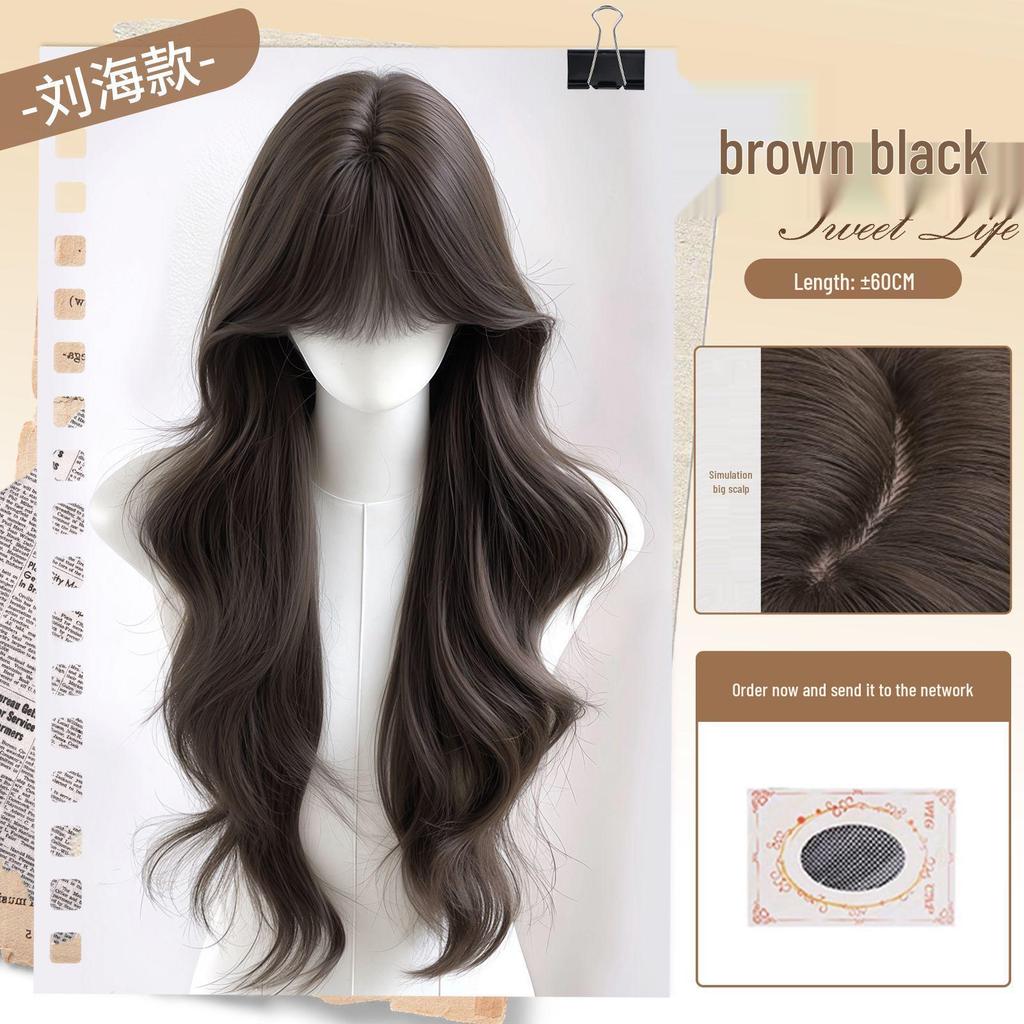 Women's Full Head Wig with Realistic Hair Fibers, Seamless Frontal, Large Scalp Coverage, Bangs, and Large Wave Long Curls
