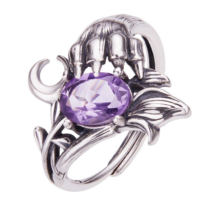 Demon Claw Natural Amethyst Citrine Topaz Garnet Ring Women'S S925 Sterling Silver Thai Silver Color Treasure Jewelry