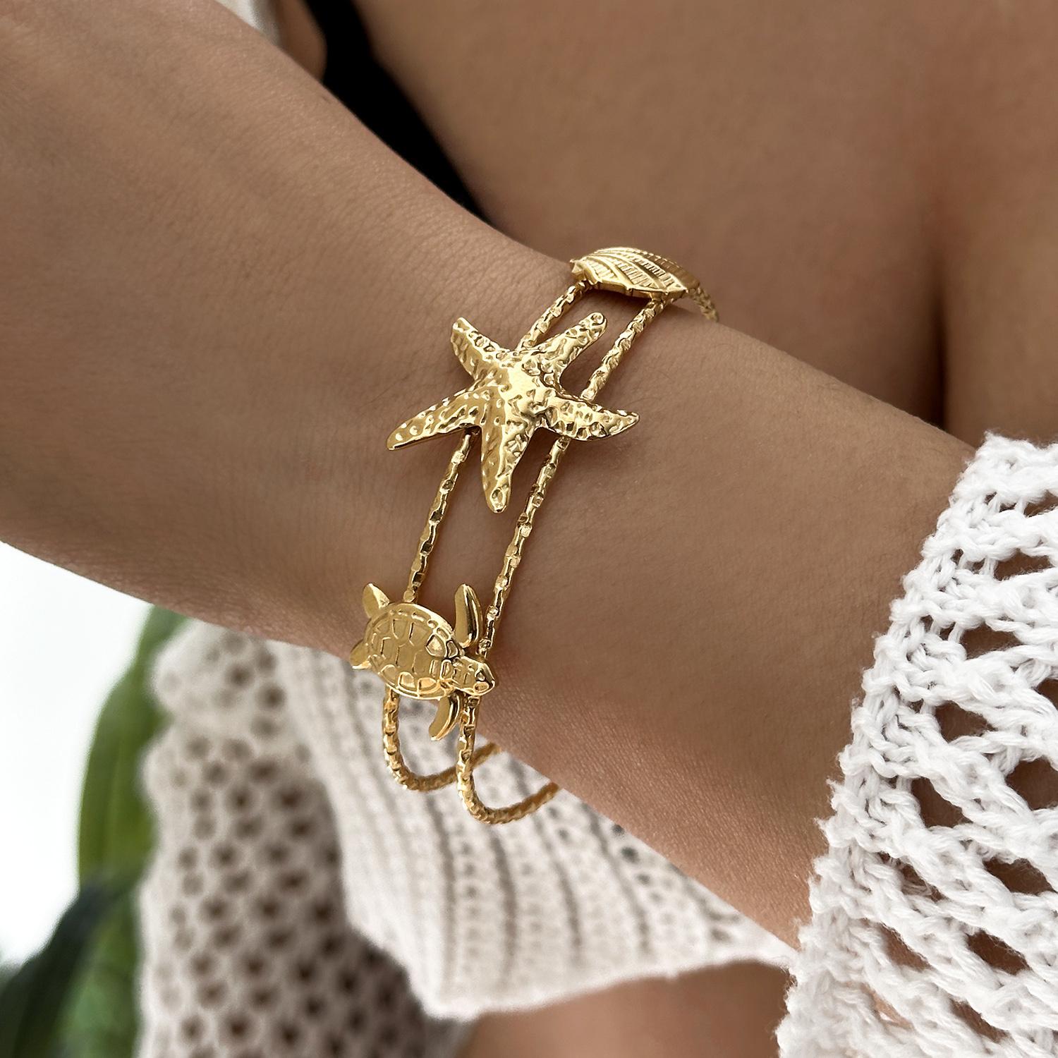 Stainless Steel Line Starfish Shell Cuff Bangles for Women Men Gold Color Cute Jellyfish Animal Bangles Summer Holiday Jewelry