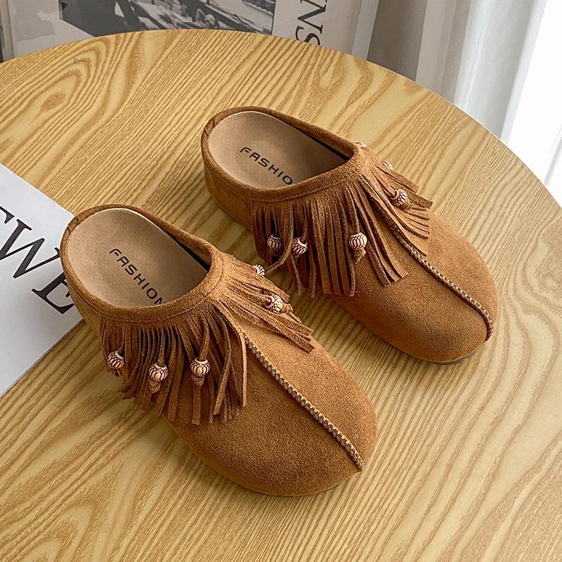 New Women's Flat Shoes Cover Toe Increased Internal Fringe String Bead Slippers Fashion All-match Spring and Autumn Single Shoes