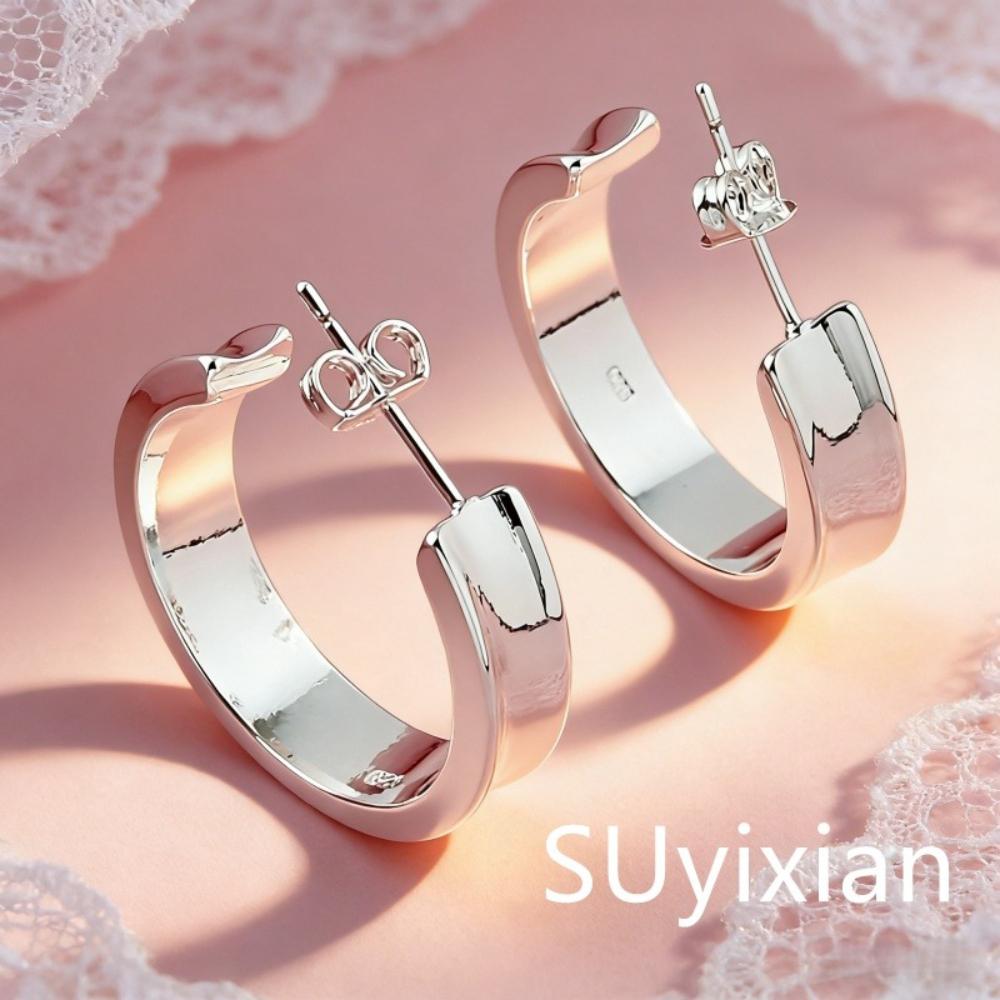 925 Sterling Silver Simple Geometric Round Earrings Birthday Party Anniversary Gift серебряный
