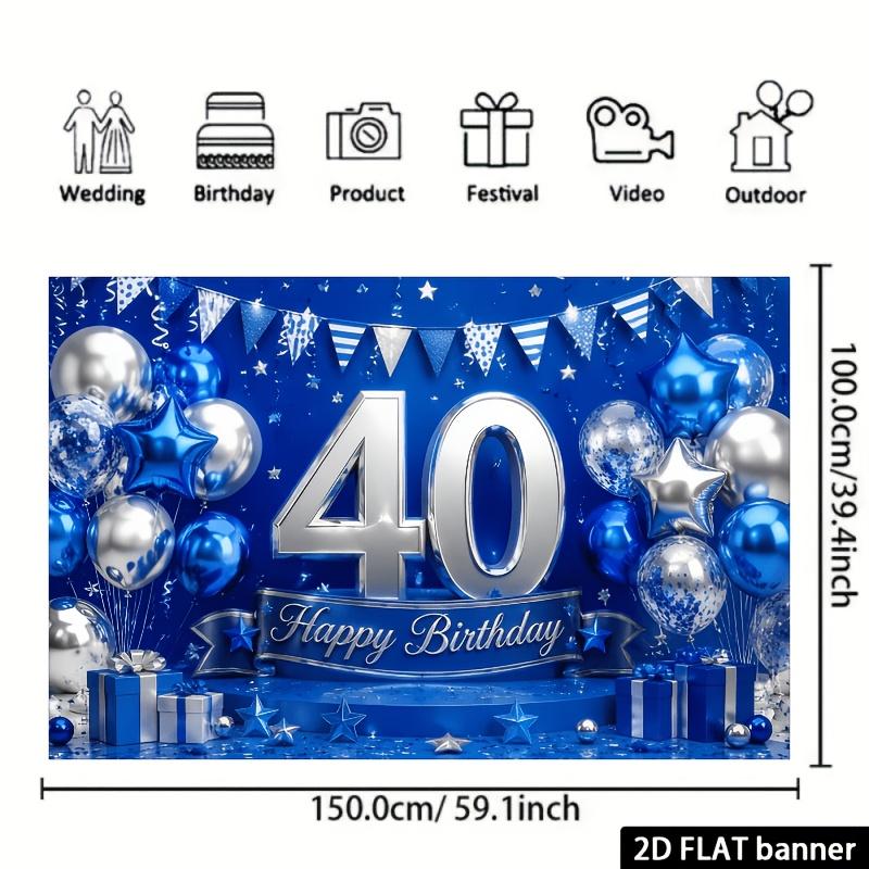 2D Plane 40th Birthday Celebration Theme Background Fabric, In Blue and Silver Color Scheme, with Balloons