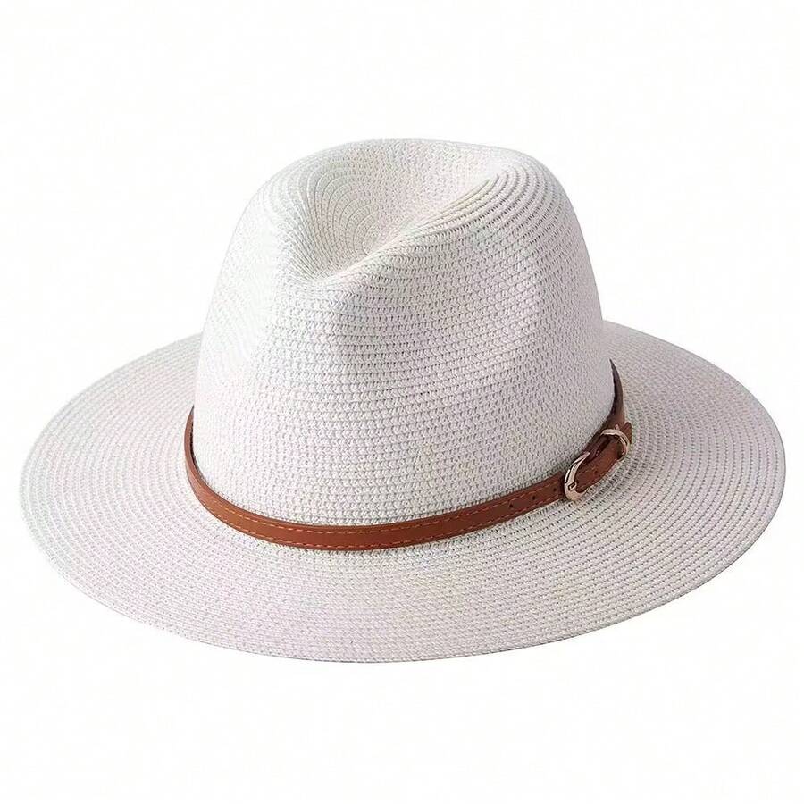 Women Wide Brim Straw Sun Hat With Belt Buckle Beach Summer Hat