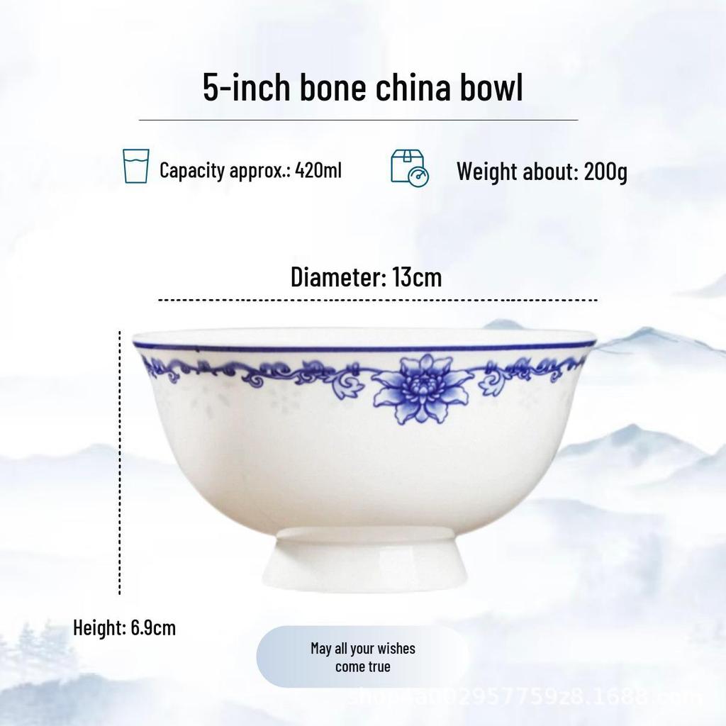 Blue and White High-Foot Bone China Noodle Bowl - Chinese-Style, Anti-Scald, Customizable for Birthdays