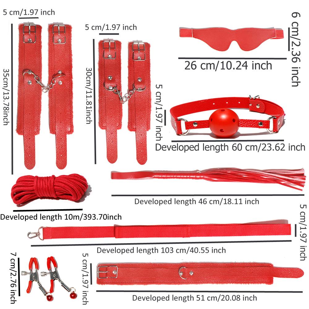 8pcs SM Sex Toy Set, Couple Sex Toys, Collars and Leashes, Handcuffs, Ankle Cuffs, Whips, Mouth Balls, Eye Masks, 10 Meter Rope, Nipple Clip Props