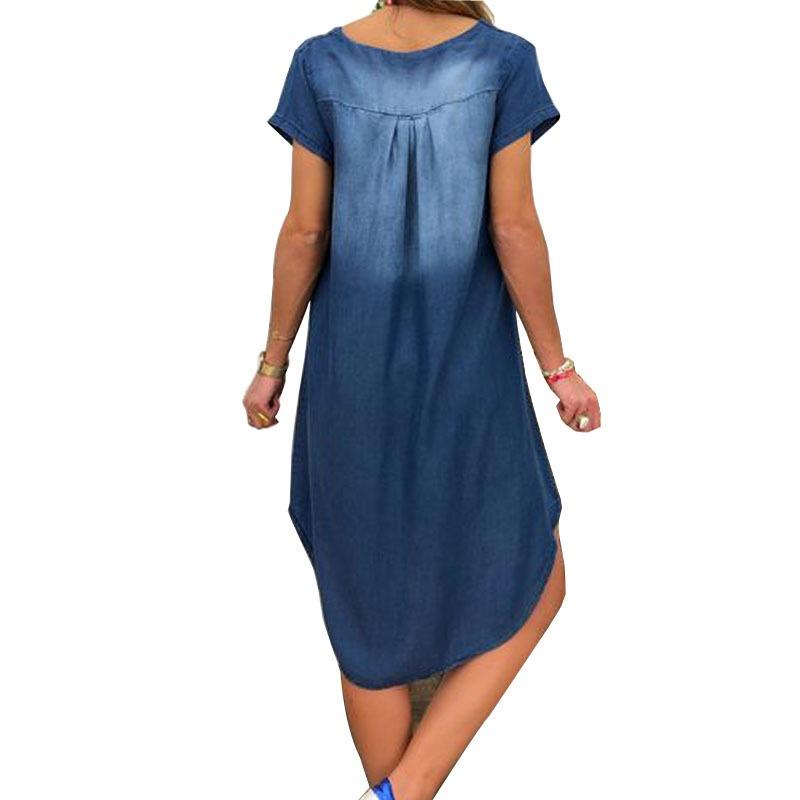 Ladies' Casual and Solid Color V-neck Short Sleeved Denim Dress