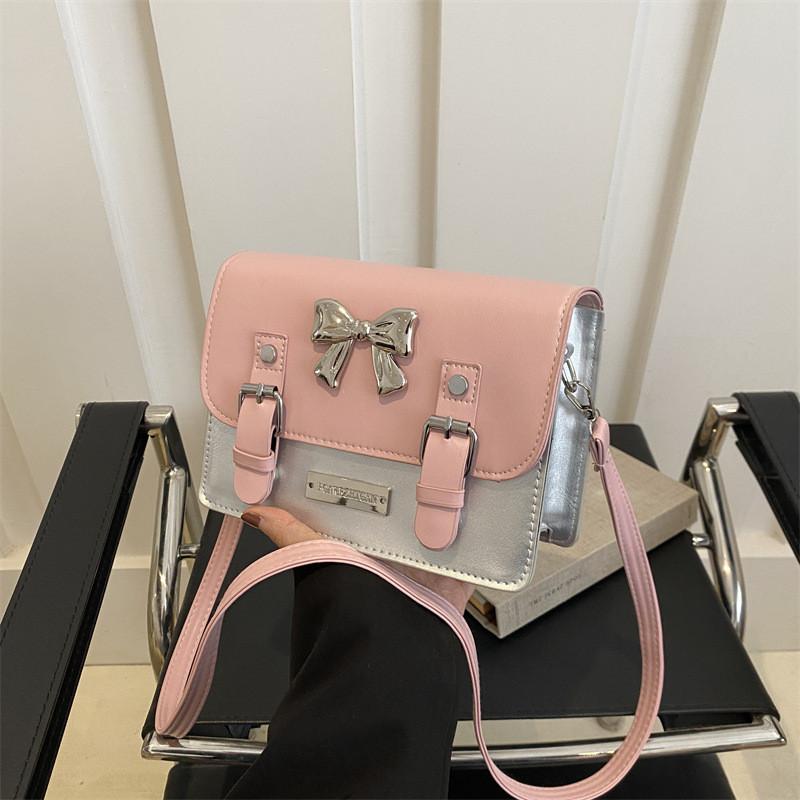 Fashionable Bowknot Small Square Bag Trendy Shoulder Crossbody Bag For Women PinkSilver