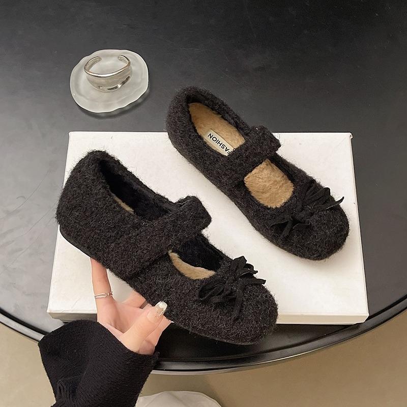 

French Flat Mary Jane Women s Outwear 2026 Fall Winter Fleece Cotton Shoes Fluffy Flats 35 чёрный