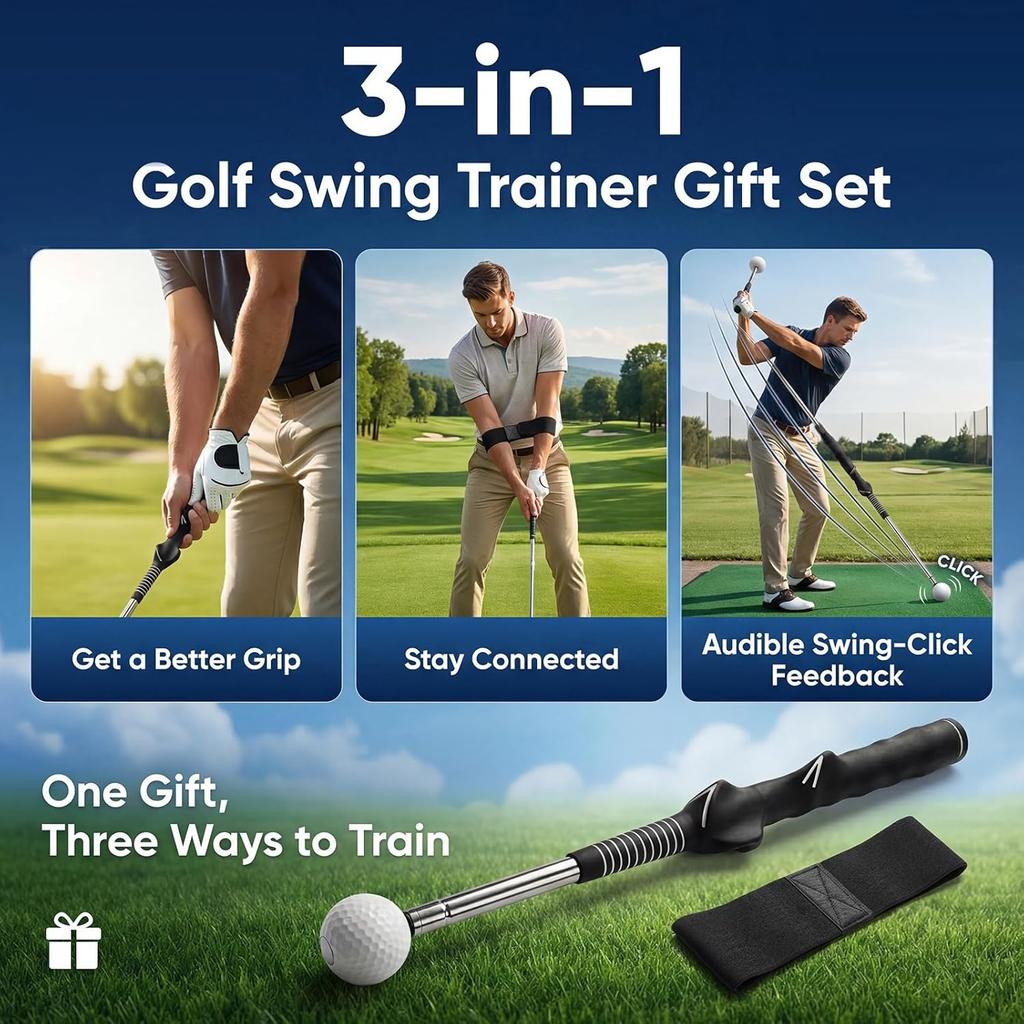 Retractable Golf Swing Trainer, Telescopic Practice Club with Click Feedback, Right-Handed Ergonomic Grip & Arm Band, Grip/Posture Correction