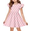 Girls Short Sleeve Ruffle Polka Dot Dress Soft Cotton Crewneck Casual A Line Dress for Kids Summer Outfits