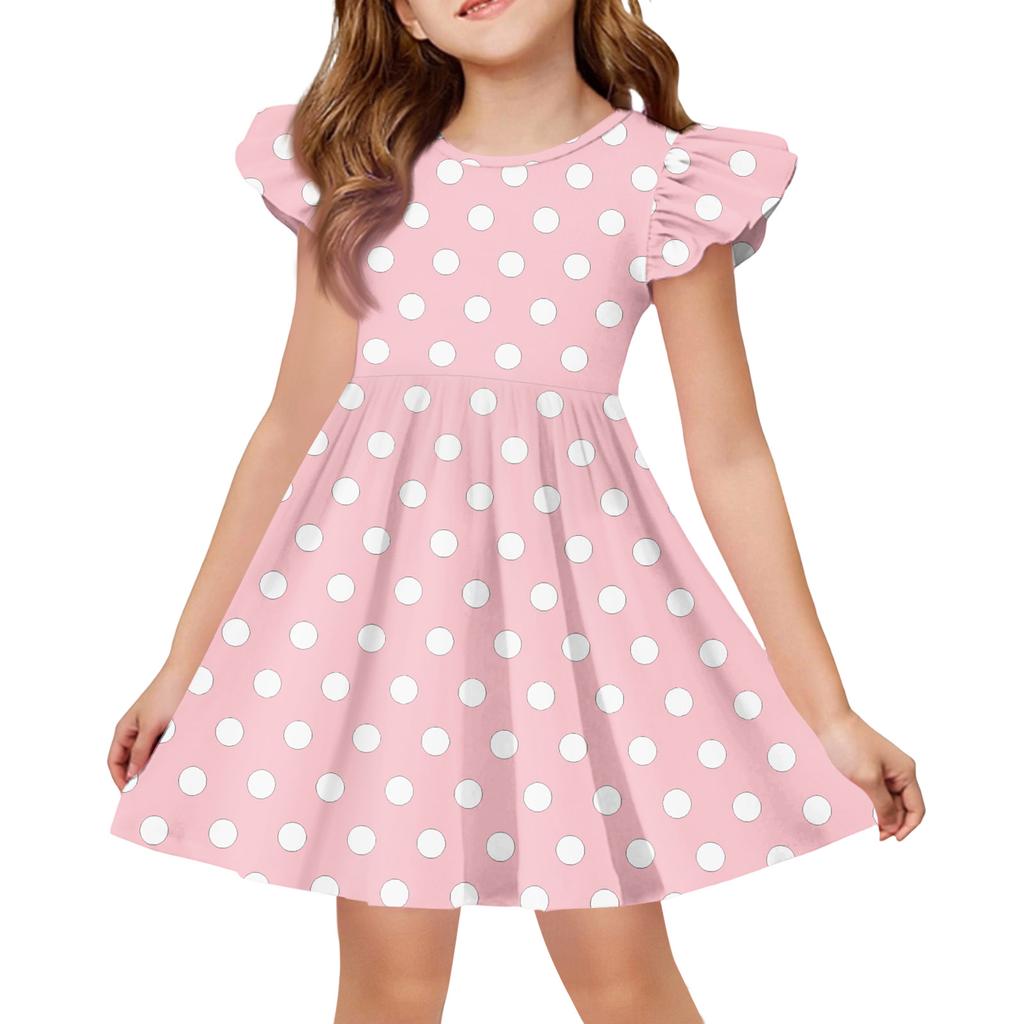 Girls Short Sleeve Ruffle Polka Dot Dress Soft Cotton Crewneck Casual A Line Dress for Kids Summer Outfits