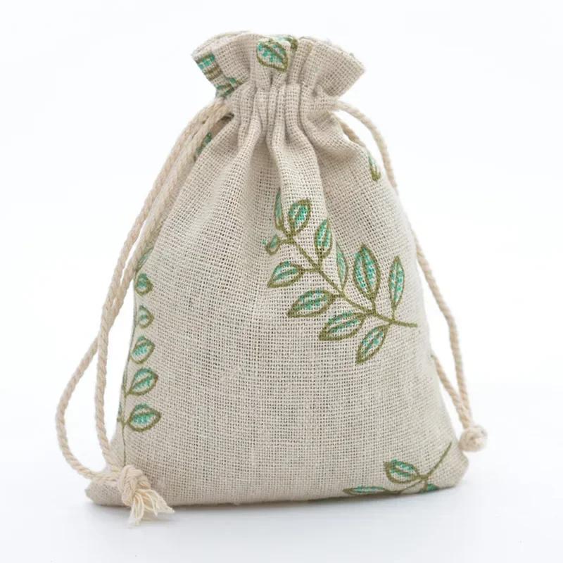 10pc Drawstring Cotton Linen Print Organizer 10x14/13x18cm Women Jewelry Cosmetics Cloth Bag Christmas Gift Bag Party Decoration