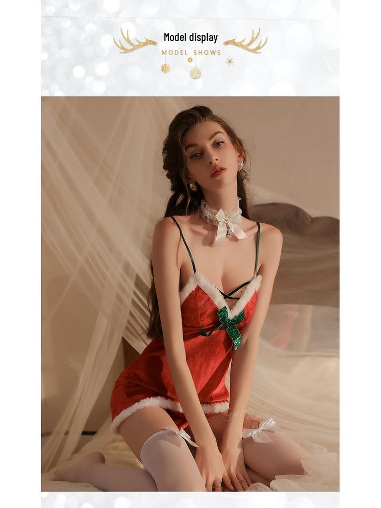Gorgeous Velvet Deep V Backless Sexy Christmas Lingerie Nightgown Set