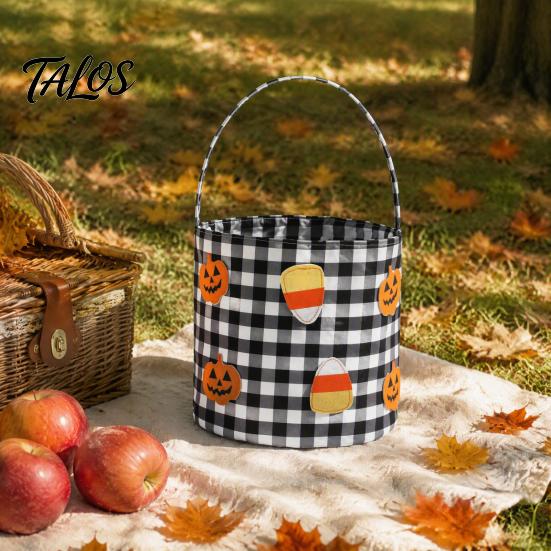 Autumn Theme Decor Halloween Bucket, Trick or Treat Basket for Kids Boys Girls, Plaid Pumpkin Goodie Bags Bat Ghost Candy Tote Bag with Handle