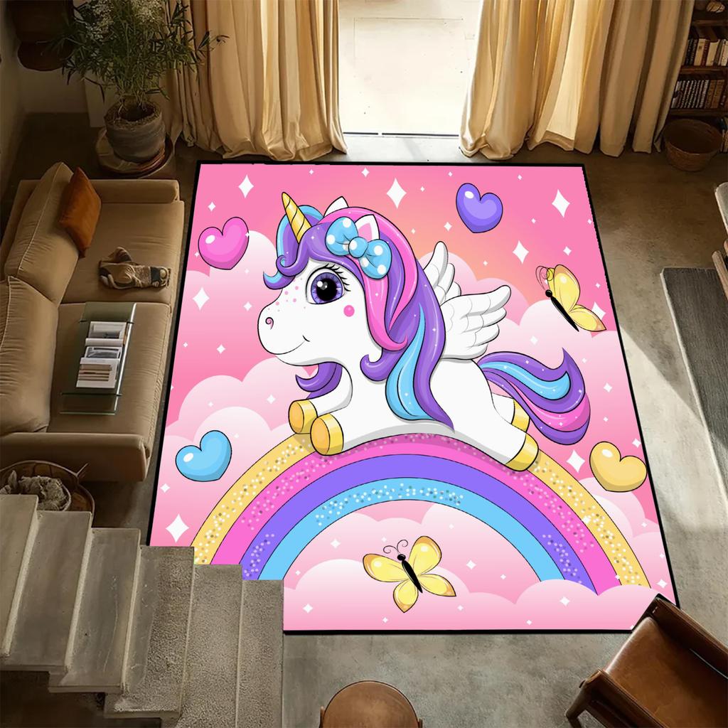 Lovely Pink Rainbow Pony Cartoon Carpet Living Room Bedroom Decor Non-slip Parlor Floor Mat Surface Smooth Carpet Birthday Gift