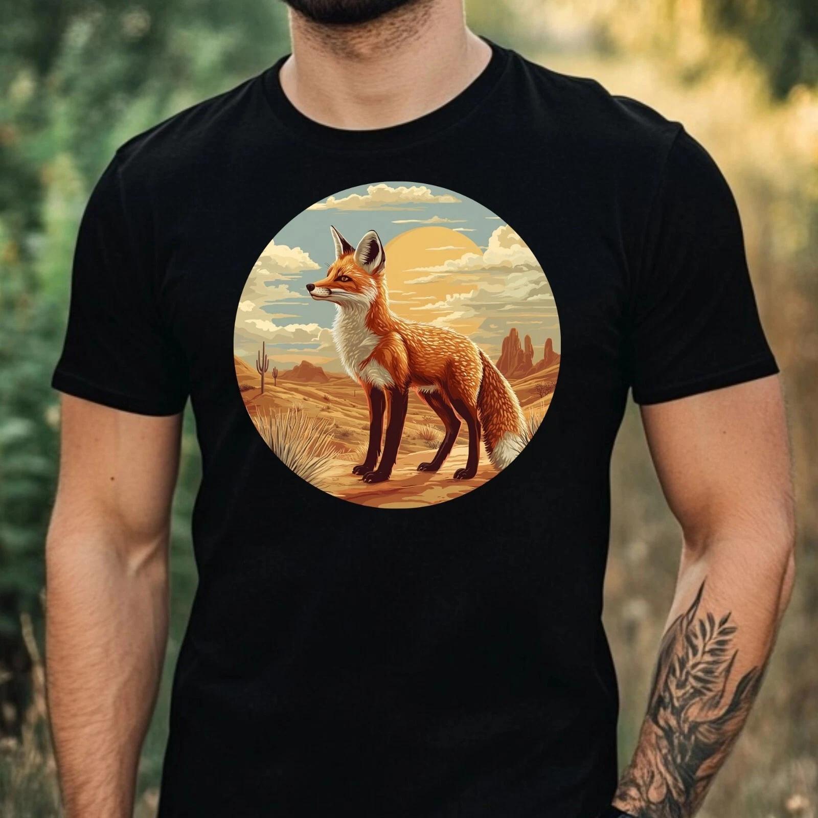 T-Shirt Herren Fuchs Wüstenlandschaft Motiv Baumwolle Größe XS bis 5XL XS