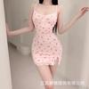 Sexy Light Pink Small Cherry Floral Suspender Ultra Short Lapel Hip Skirt Low Split Button Collar Temptation