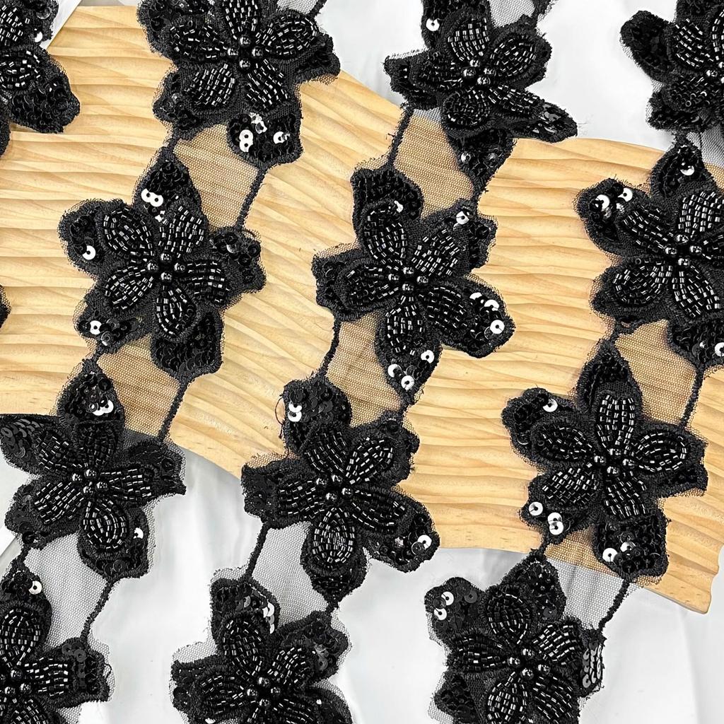 Korean Version Of Light Luxury Black Bead Flower Piece Hair Accessories Dress Children'S Clothing Mesh Embroidery Lace Accessories