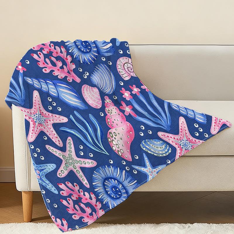 Soft Flannel Fleece Blanket, Ocean Theme Starfish Seashell Design, Warm Cozy Throw for Bedroom Home, Halloween Christmas Decor