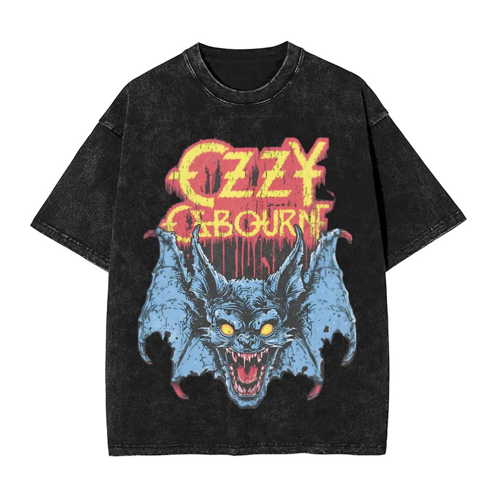 Oversized Acid-Wash Vintage Short-Sleeve T-Shirt Featuring Ozzy Osbourne Live Stage Retro Rock Graphic Print