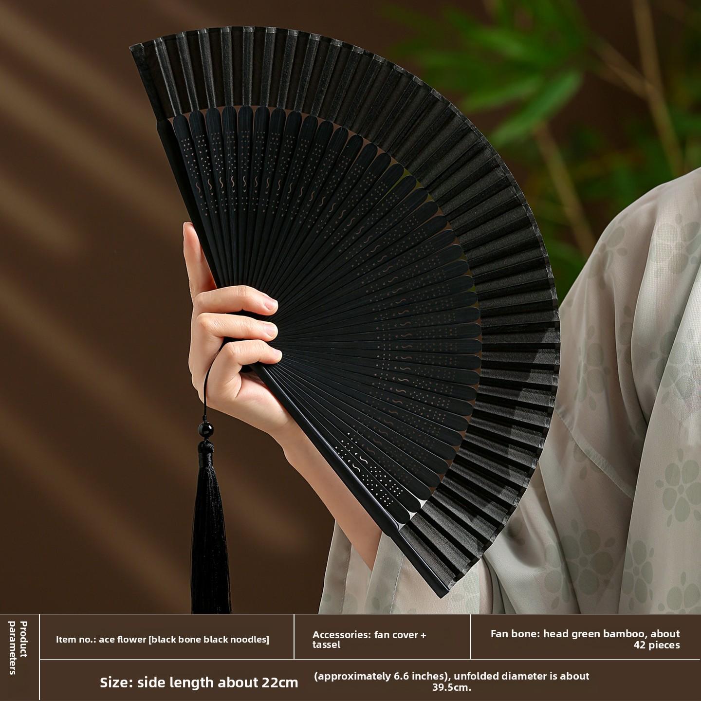 

Folding fan compact and portable for summer black solid color, Chinese style dance fan