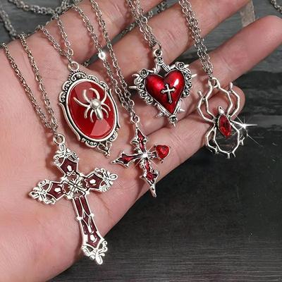 5Pcs Gothic Necklace Set For Women Halloween Jewelry Heart Bat Spider Cross Pendant Sweater Chain Trendy Daily Accessories Gift